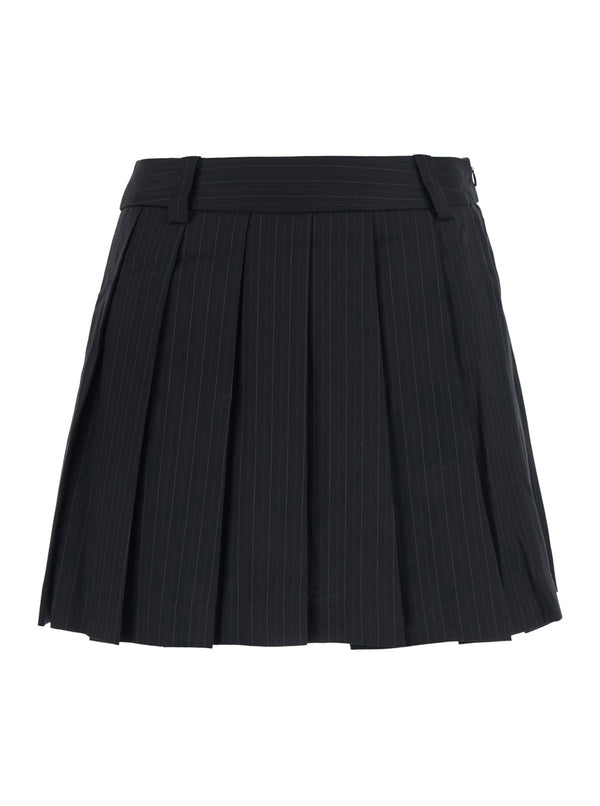 Pleated Mini Striped Skirt Black Polyester