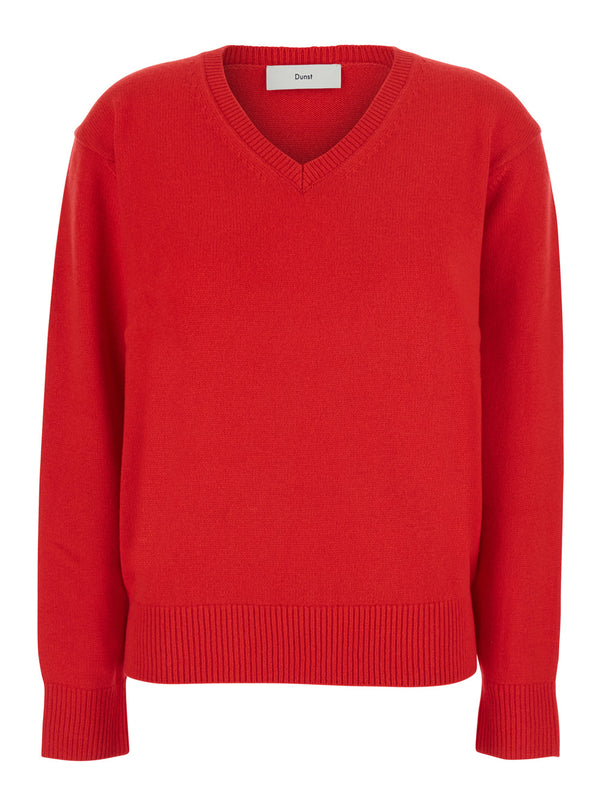 V-Neck Cashmere Sweater Red Wool Top