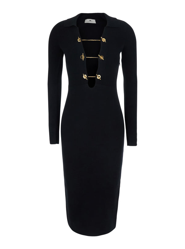 Knit Dress V-Neck Long Sleeve Black Viscose