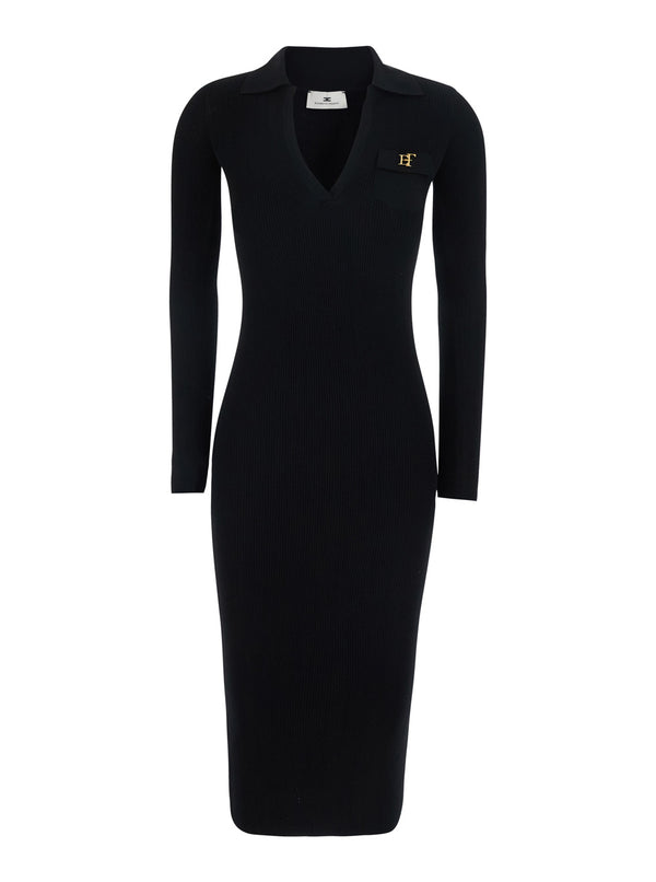Ribbed Knit Dress With Ajour Details Black Viscose