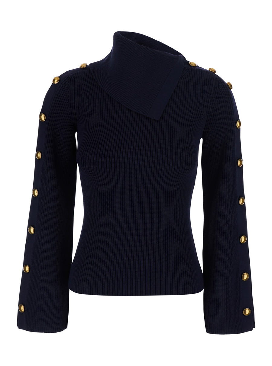 Knit Sweater With High Collar Blue Tech Fabric Tops
