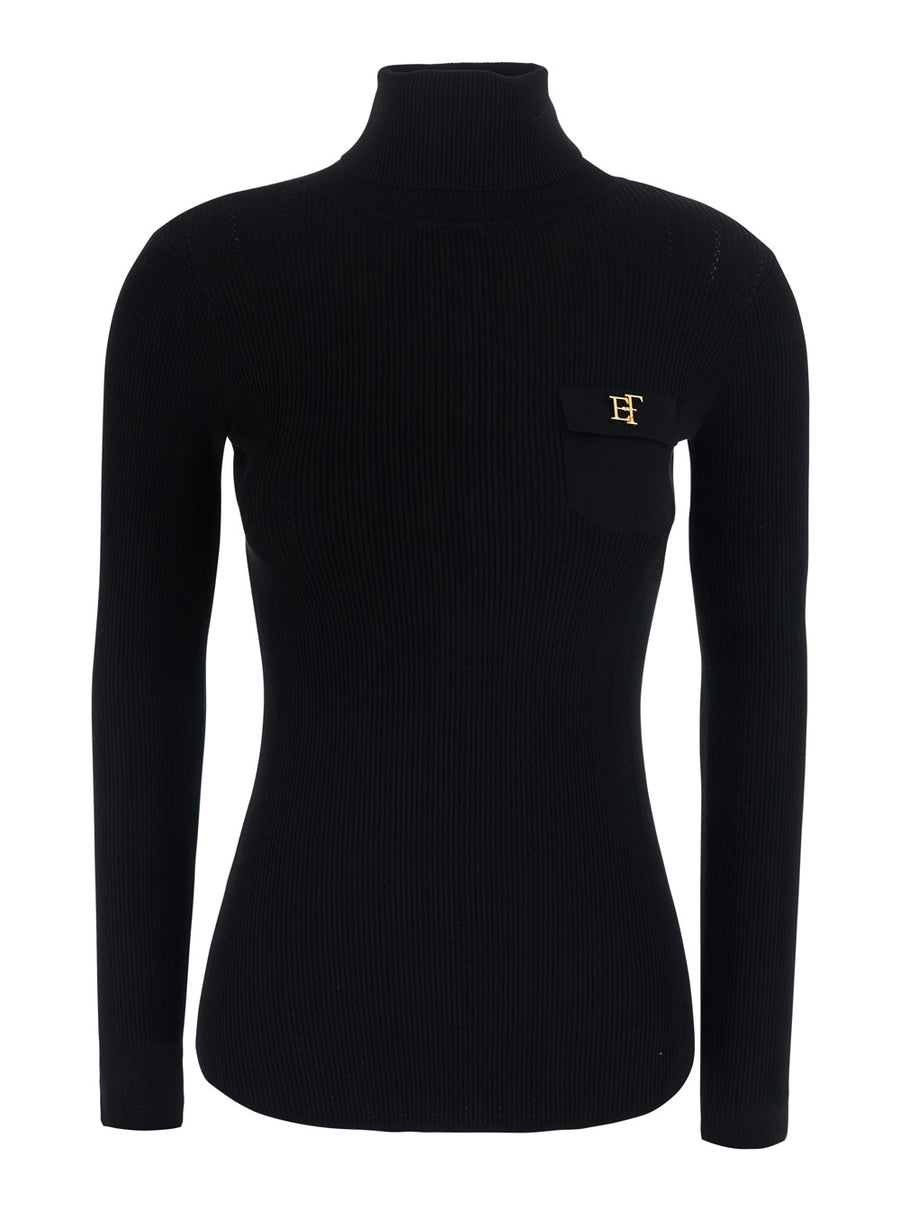 Ribbed Turtleneck Sweater With Ajour Detail Black Tech Fabric Tops