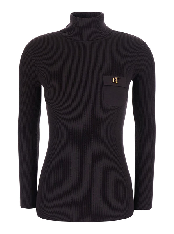Sweater With High Collar And Ajour Details Brown Tech Fabric Tops