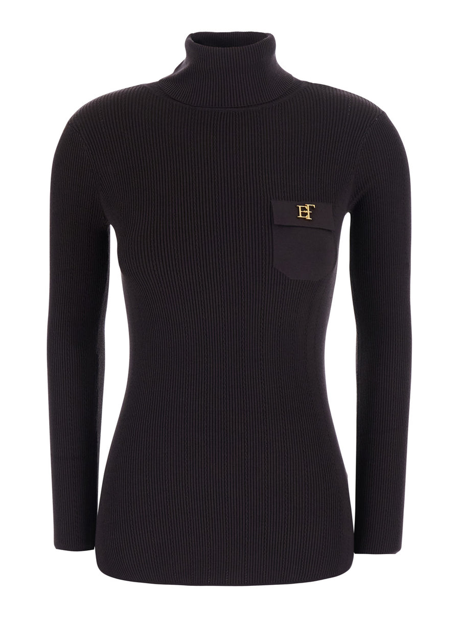 Sweater With High Collar And Ajour Details Brown Tech Fabric Tops