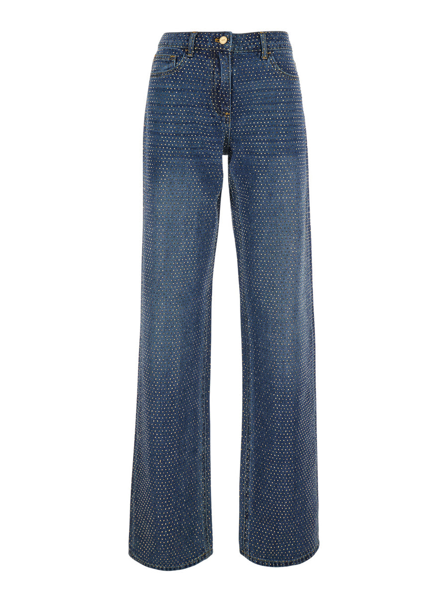 Wide-Leg Crystal-Embellished Blue Jeans Cotton