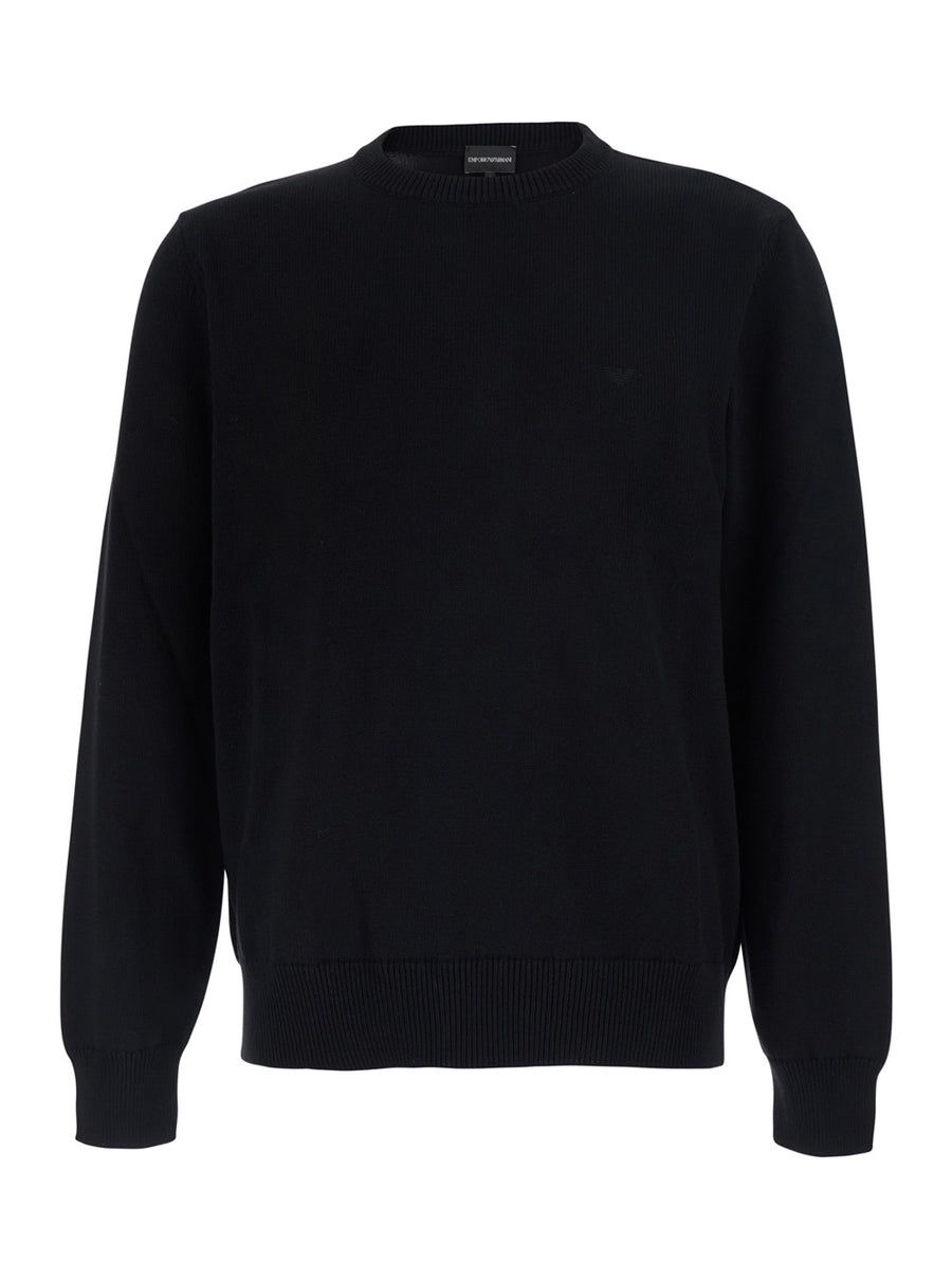 Crew Neck Cotton Sweater Black Tops
