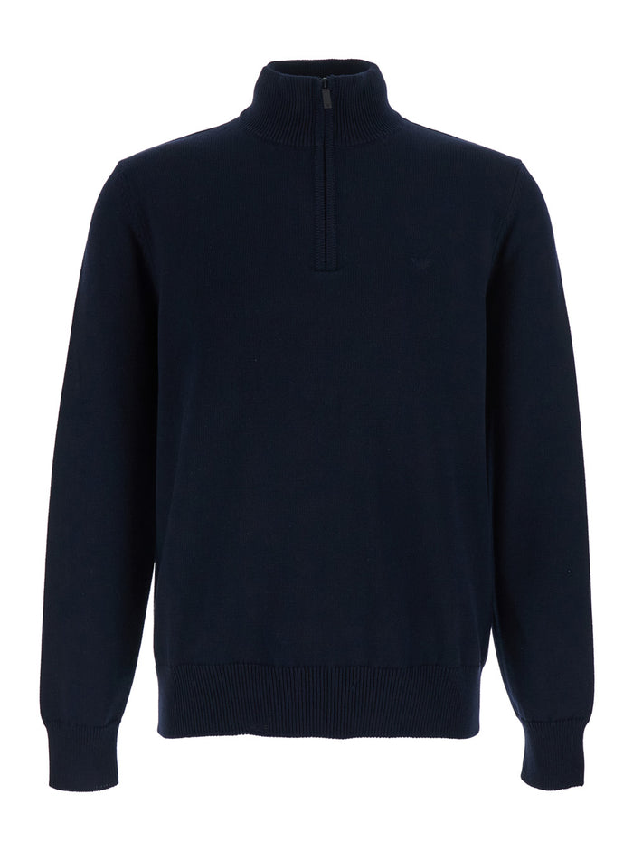 Sweater With Half Zip Closure On The Front And Logo Embroidery Blue Cotton For Men Blu Jersey