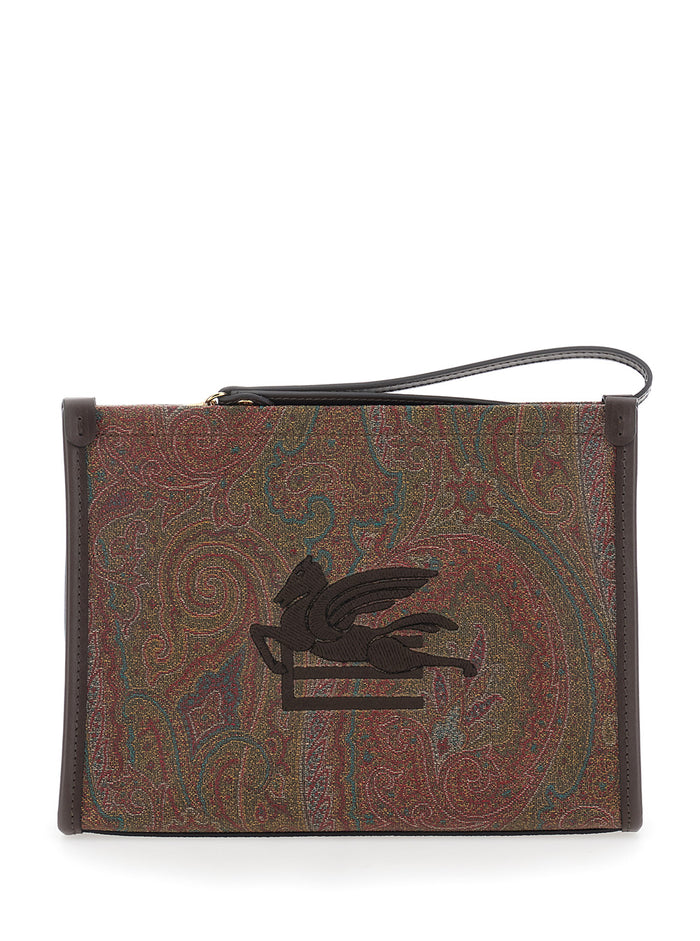 Clutch Arnica With Embroidered Logo On The Front And All-Over Pattern Cotton Blend Brown Woman Polyester Clutches Pochettes