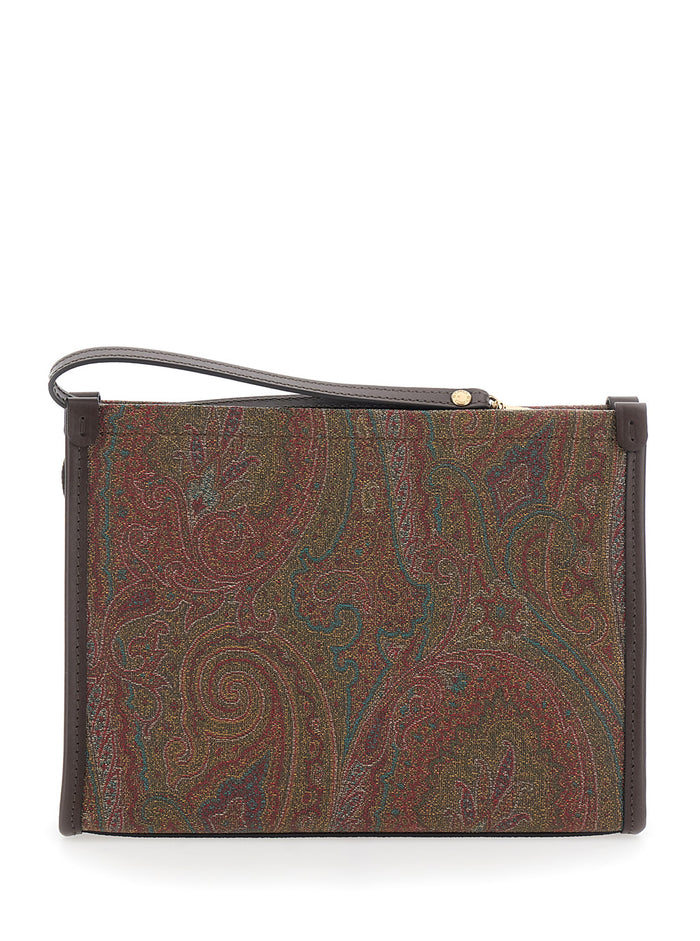 Clutch Arnica With Embroidered Logo On The Front And All-Over Pattern Cotton Blend Brown Woman Polyester Clutches Pochettes