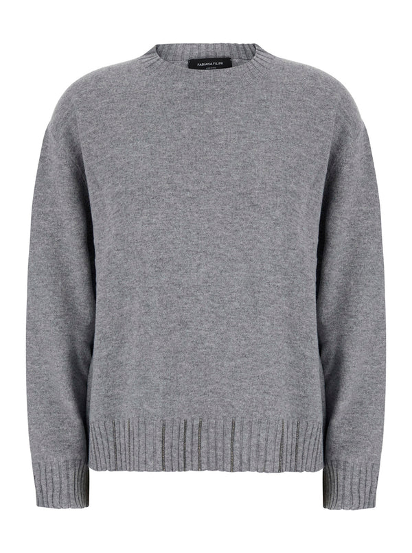 Sweater Crew Neck Grey Wool-Silk-Cashmere Tops