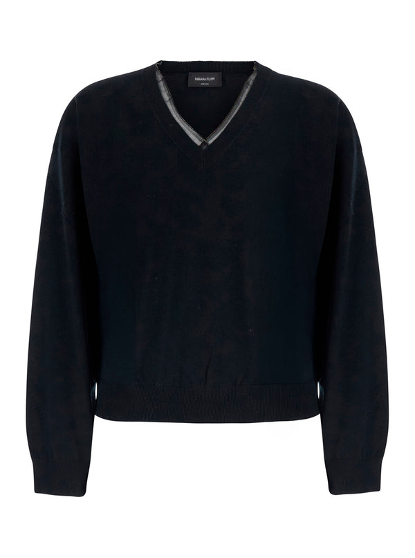 Sweater Wool-Cotton Black Tops