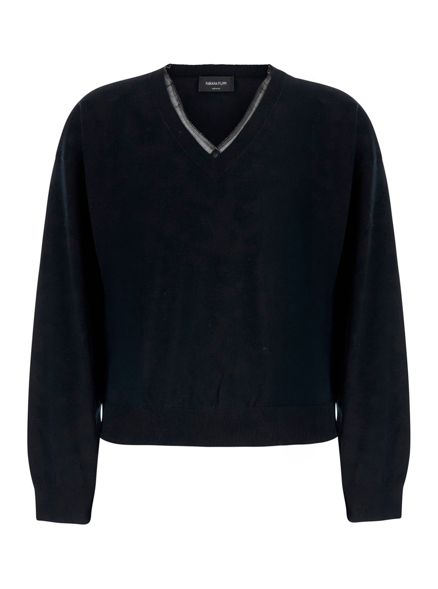 Sweater Wool-Cotton Black Tops