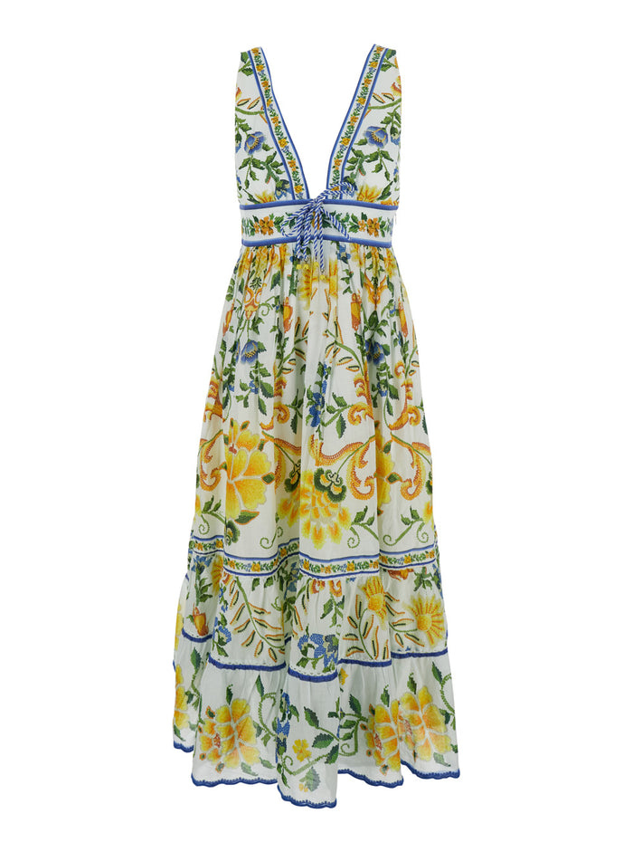 Floral Midi Dress Off-White With V-Neck And Short Sleeves Lightweight Multicolor Fabric For Women Long