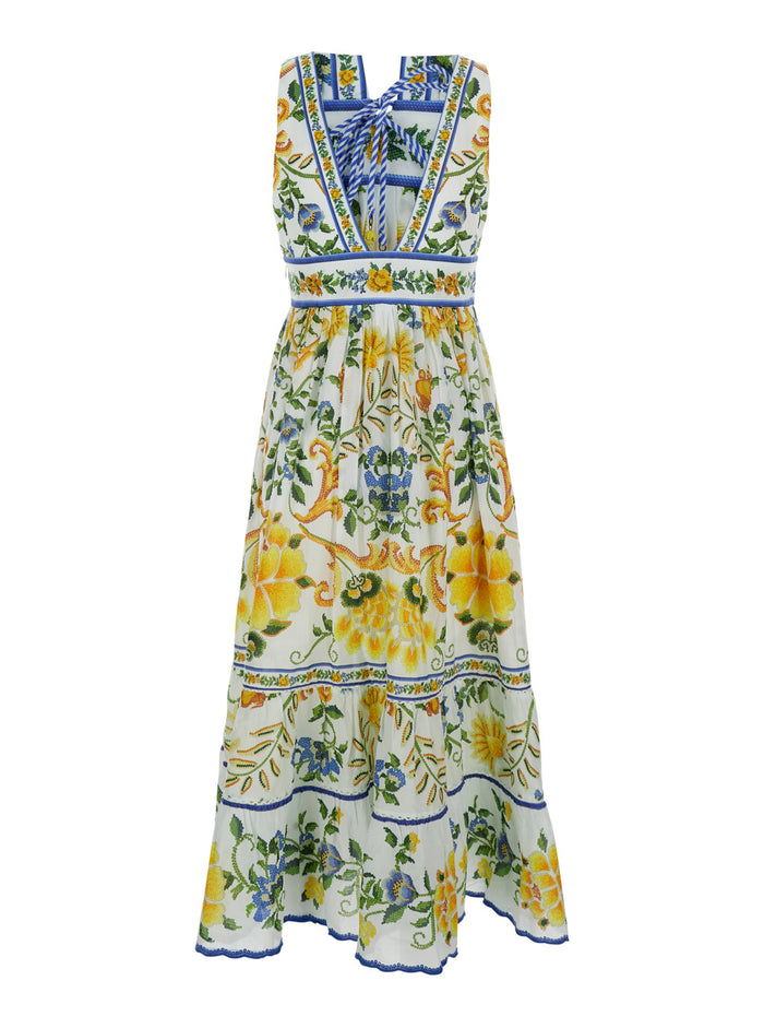Floral Midi Dress Off-White With V-Neck And Short Sleeves Lightweight Multicolor Fabric For Women Long