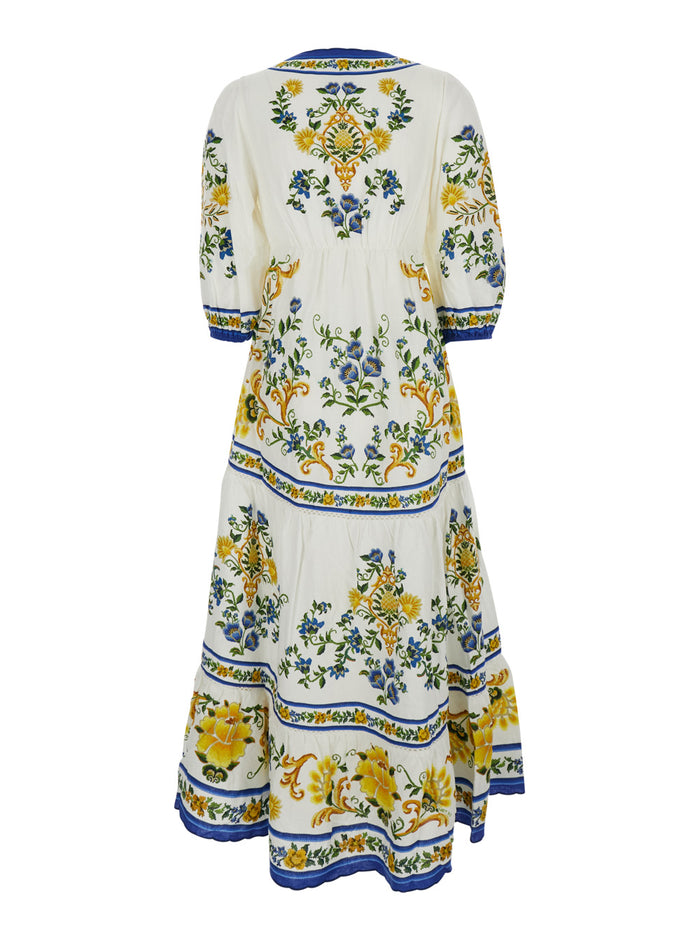 Long Dress With Floral Print And V-Neck Off-White Woman