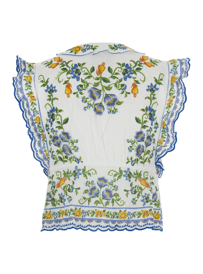 Emily Floral Blouse With Long Sleeves And V-Neck Off-White For Women