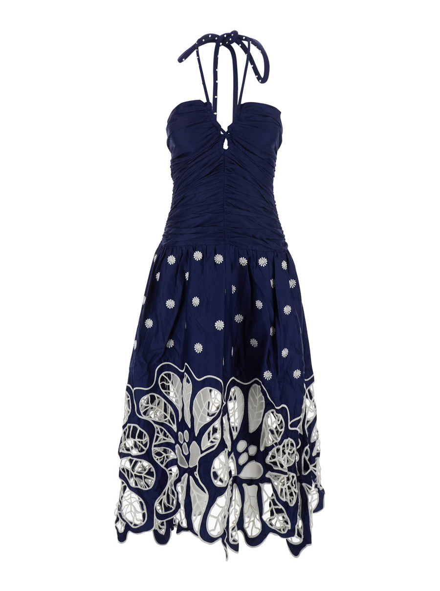 Long Sleeveless Halterneck Dress Blue Cotton