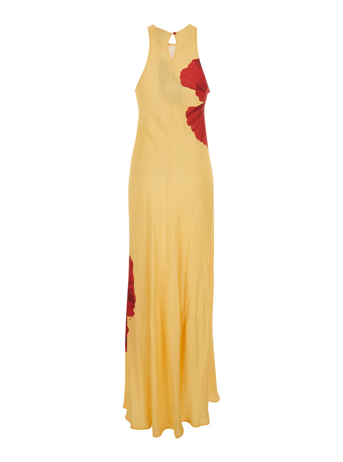 Long Dress Without Sleeves With Flowers And Light Yellow Fabric For Women