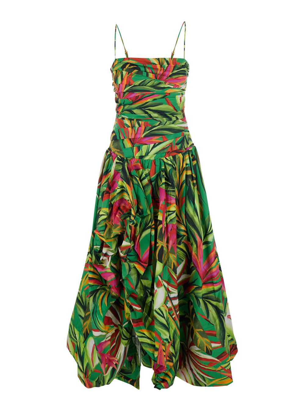 Long Dress Tropical Dream Green With Puff Sleeves And Side Slit Multicolored Viscose For Women