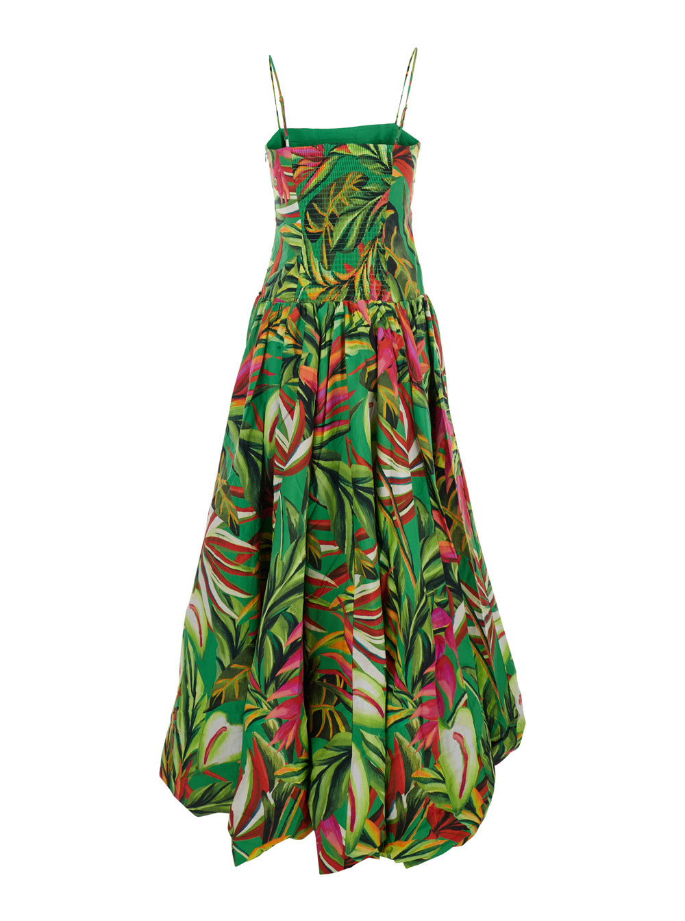 Long Dress Tropical Dream Green With Puff Sleeves And Side Slit Multicolored Viscose For Women