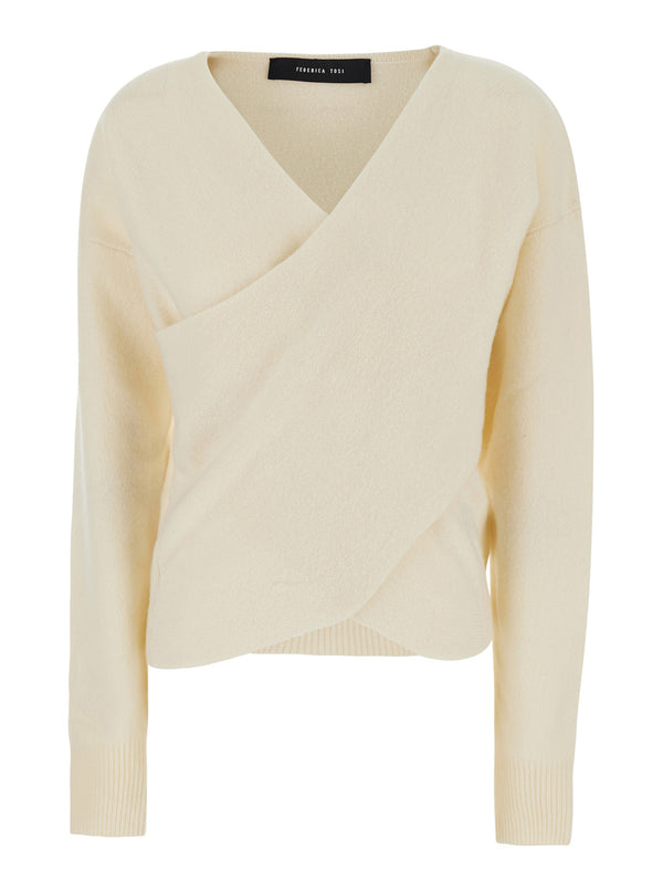 Sweater Crossed Pull White Wool & Cashmere Tops