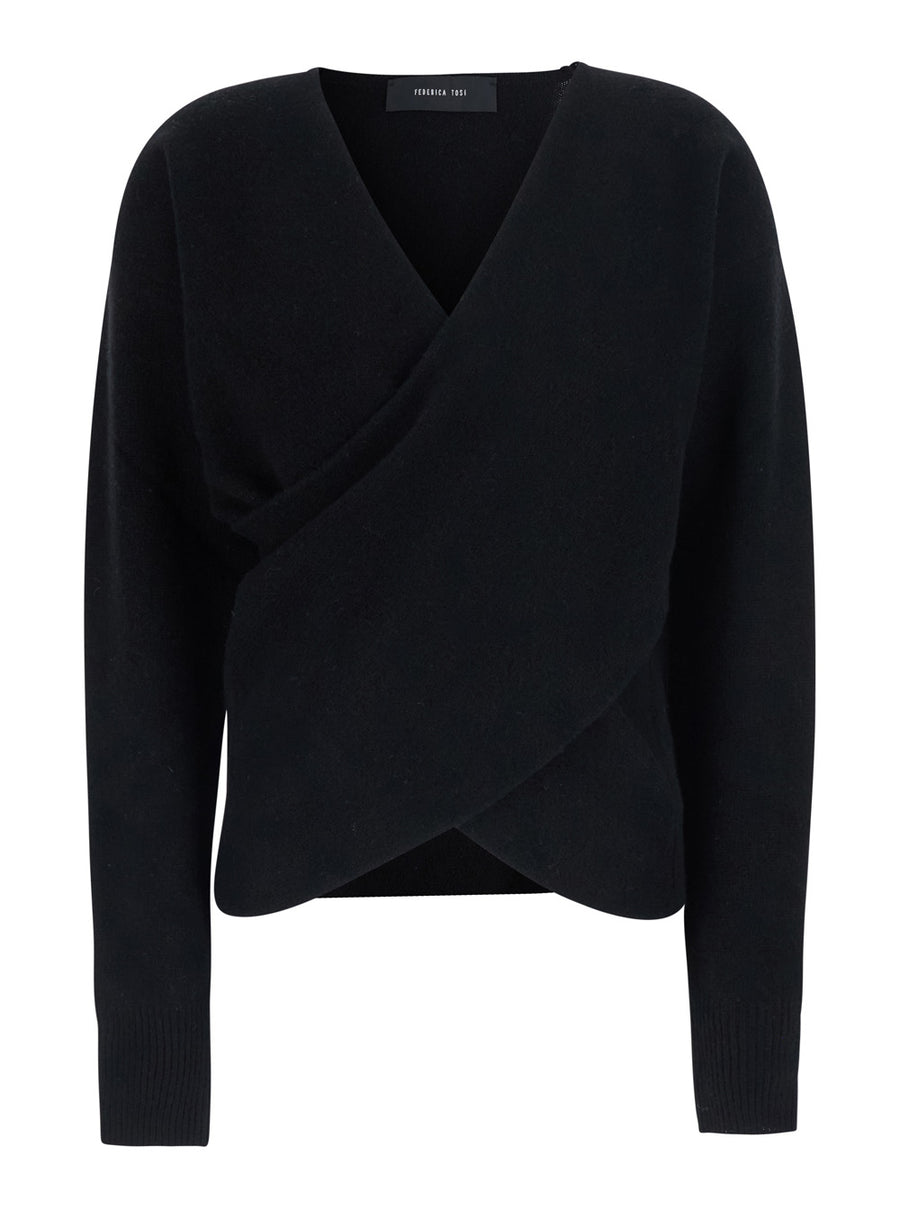 Sweater Crossed Pull Black Wool Tops