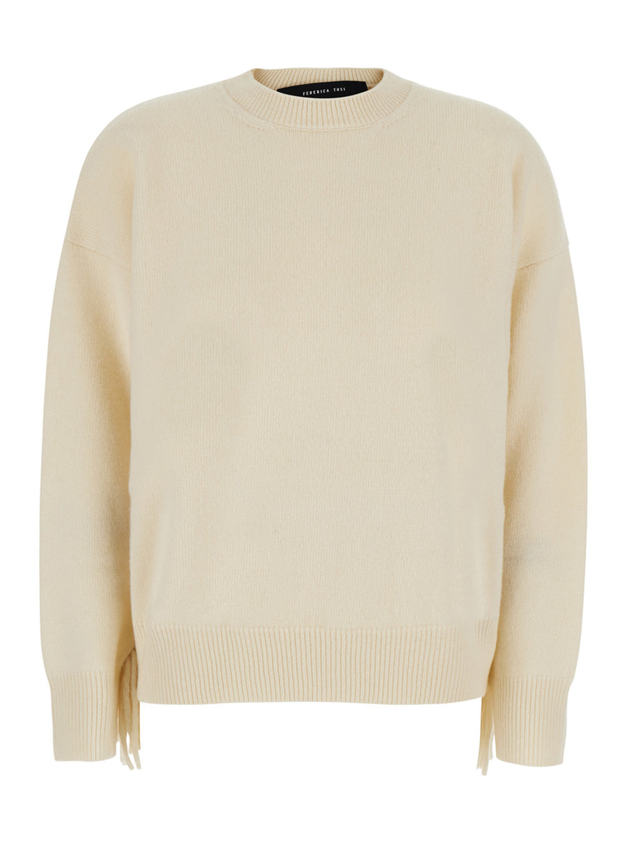 Fringed White Pullover Wool Tops