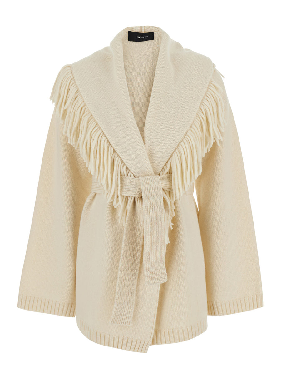 Cardigan With Fringes White Wool And Cashmere Tops