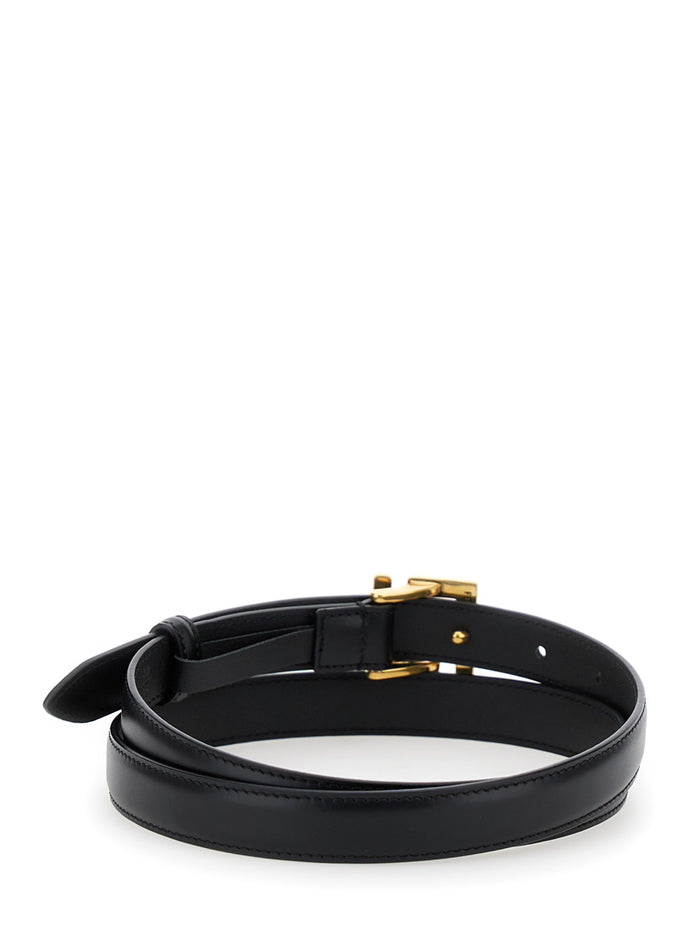 Thin Belt With Ff Buckle Black Leather For Women Calf