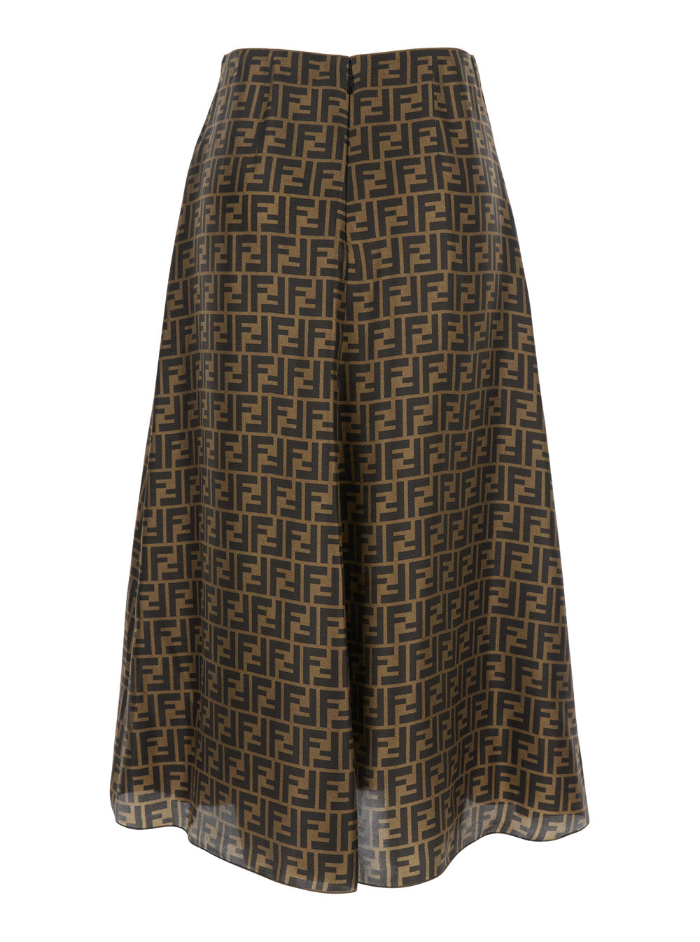 Brown Midi Flared Skirt With Ff All-Over Motif Silk For Women