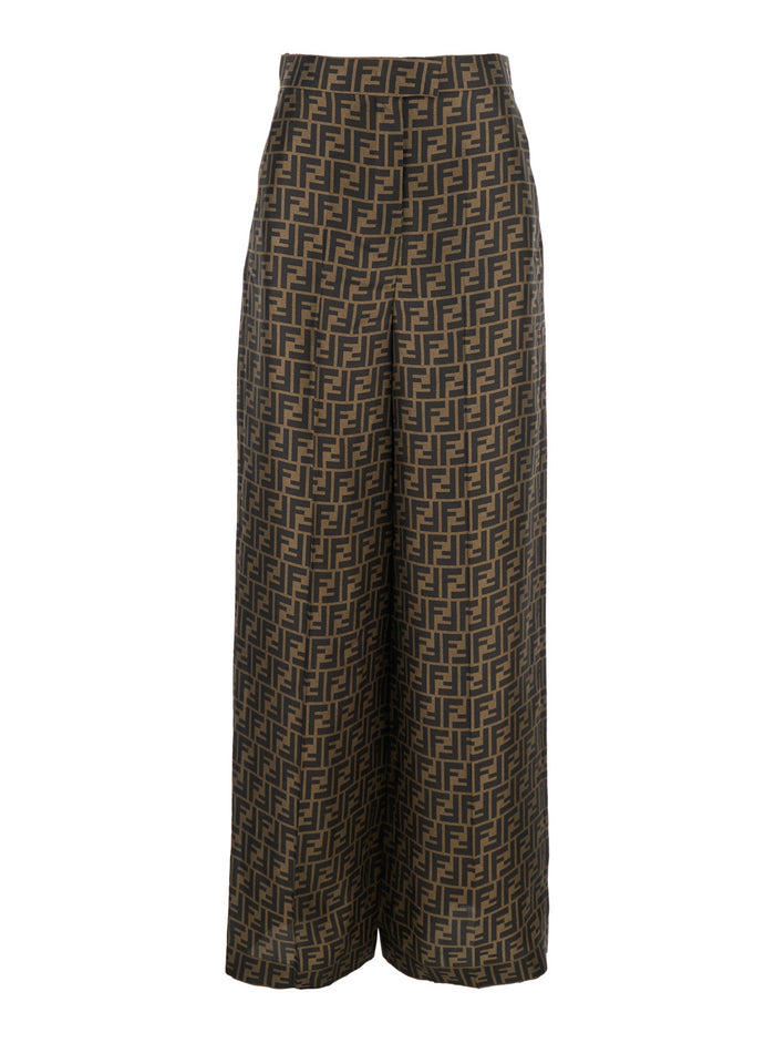 Wide Leg Pants With All-Over Ff Motif Brown Silk For Women Trousers