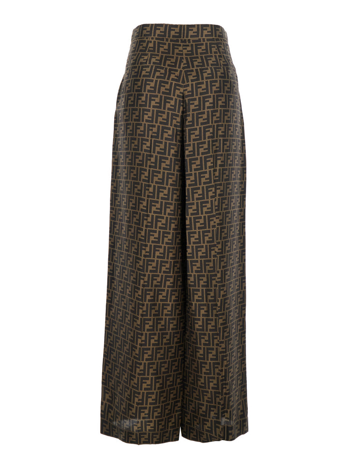 Wide Leg Pants With All-Over Ff Motif Brown Silk For Women Trousers