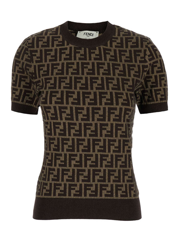 Short Sleeve T-Shirt With Ff All-Over Motif Brown Cotton For Women Polyamide Jersey