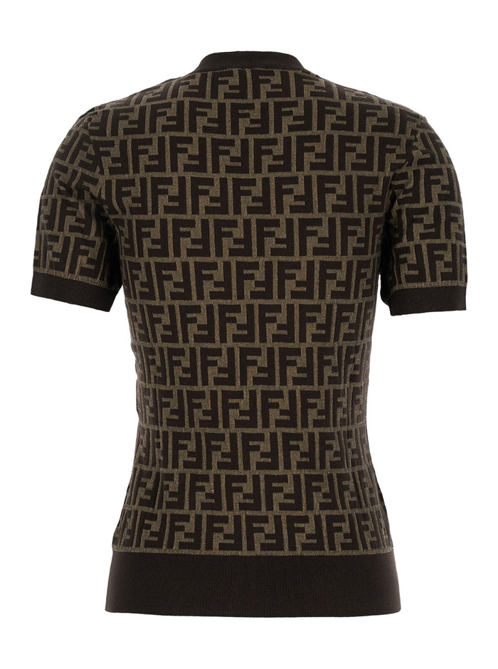 Short Sleeve T-Shirt With Ff All-Over Motif Brown Cotton For Women Polyamide Jersey