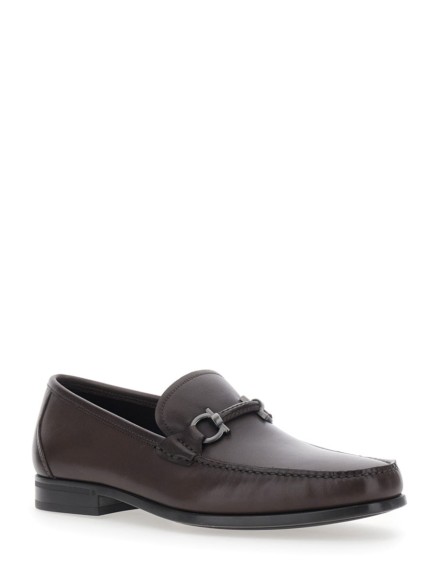 Loafers With Gancini Detail, Brown Leather Calf