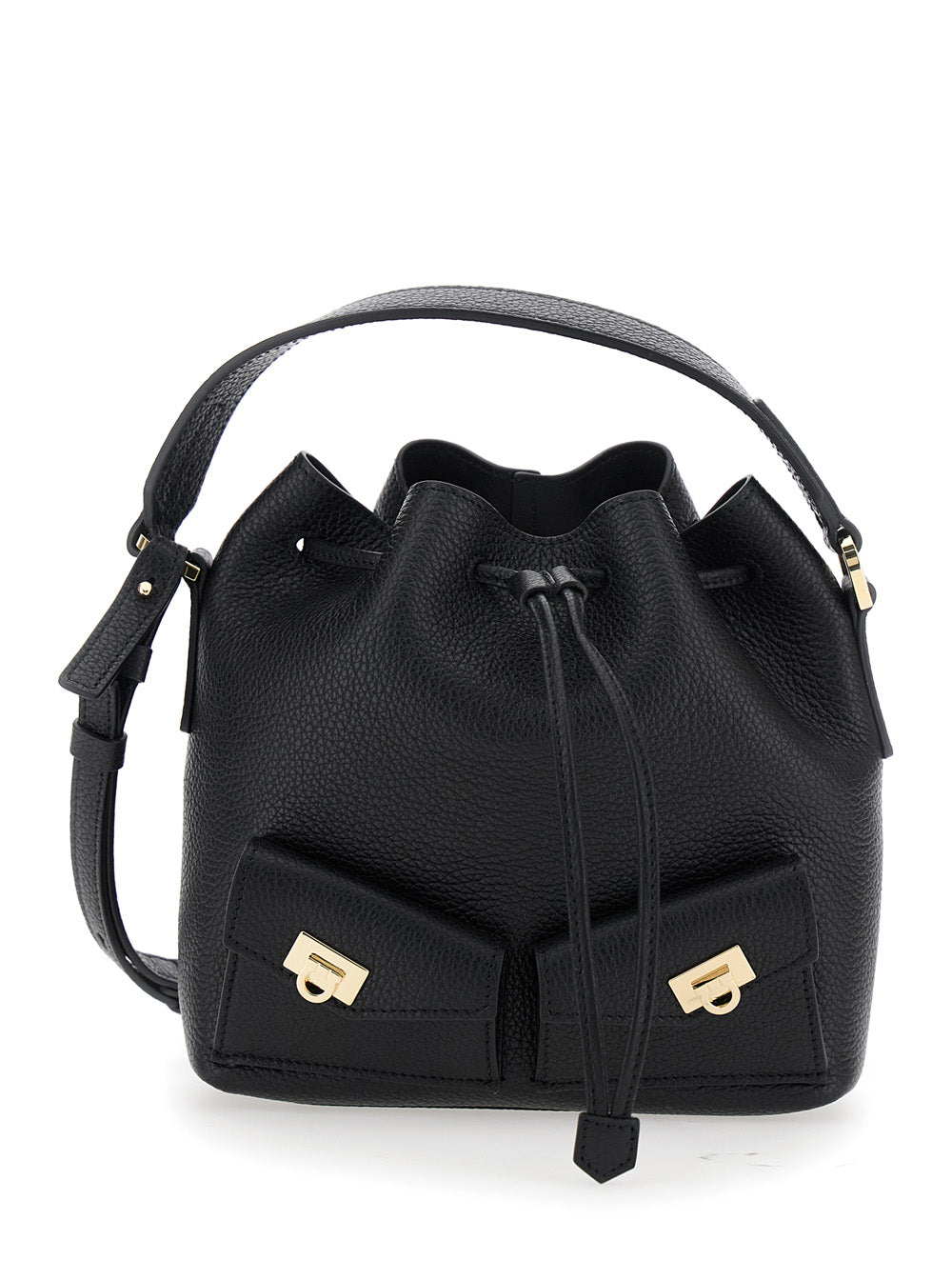Drawstring Black Calf Shoulder Bags