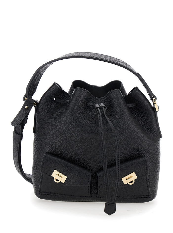 Drawstring Black Calf Shoulder Bags