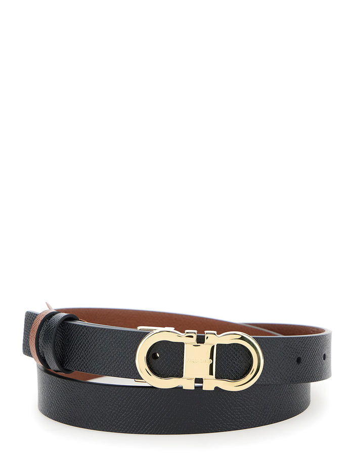 Reversible Belt With Gancini Buckle Black Leather For Women Calf