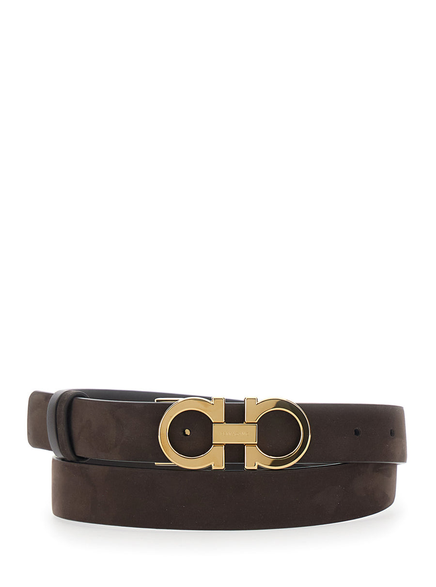 Belt With Gancini Buckle Dark Brown Suede Calf Leather