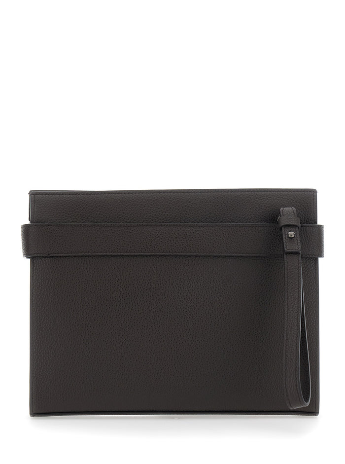 Gancio Embossed Brown Calf Clutches And Pochettes