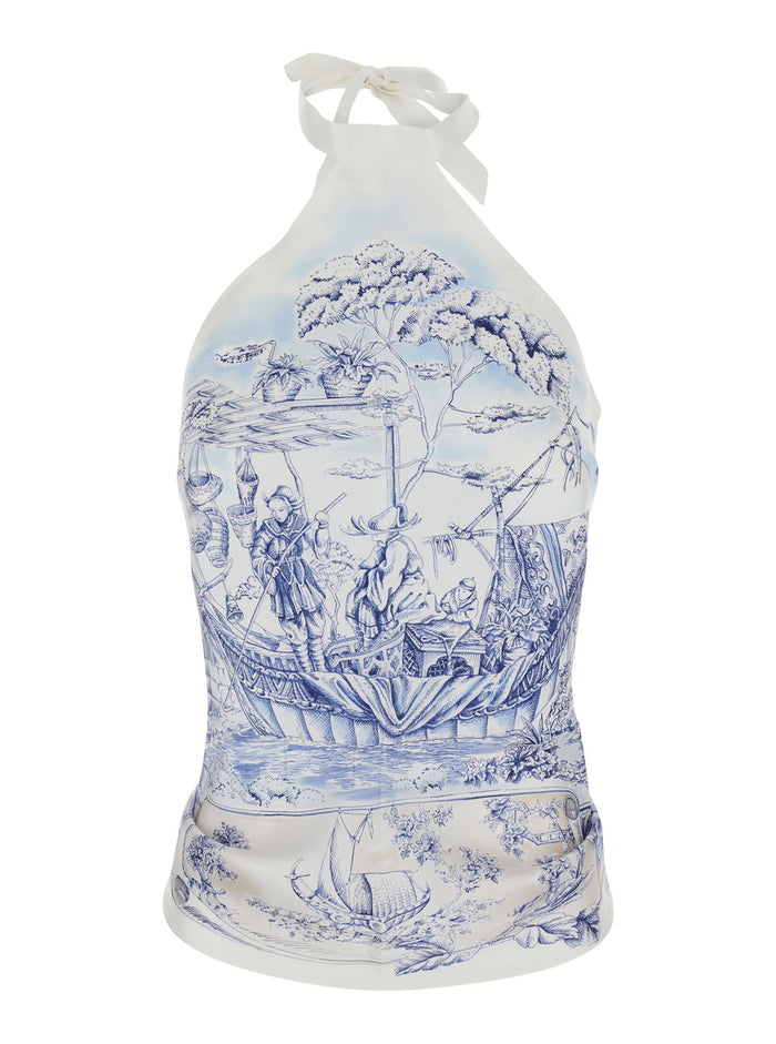 Blue Sleeveless Top With Halterneck And All-Over Print Silk For Women Blu Tops