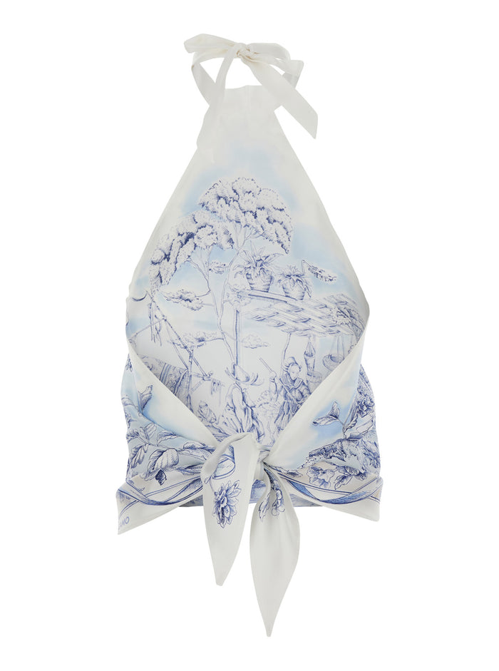 Blue Sleeveless Top With Halterneck And All-Over Print Silk For Women Blu Tops