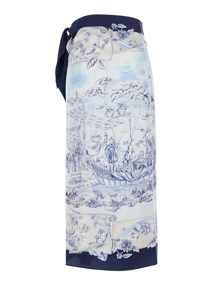 Blue Wraparound Skirt With Drawstring Waist Closure And All-Over Print Silk For Women Blu