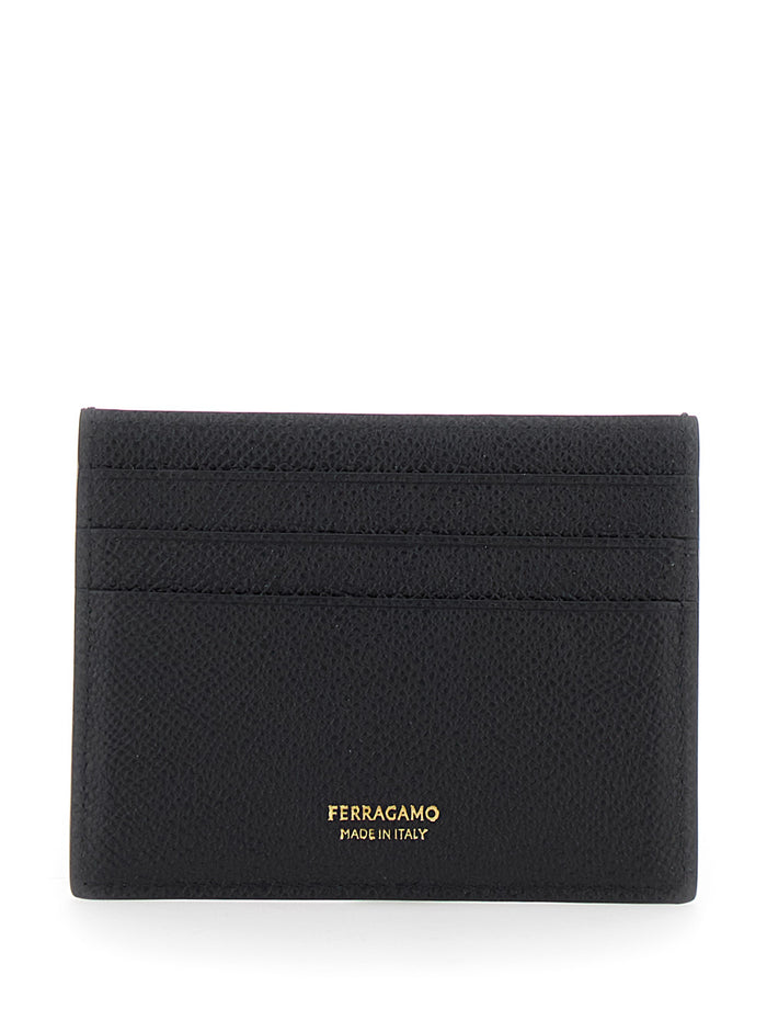 Card Holder With Micro Gancini On The Front And Logo Lettering Back Grained Black Leather For Men Calf Products