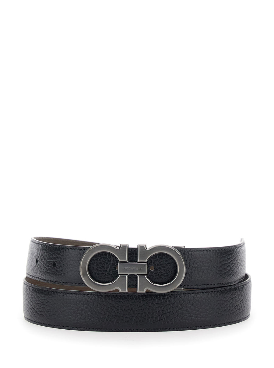 Belt With Gancini Buckle, Black Leather Calf