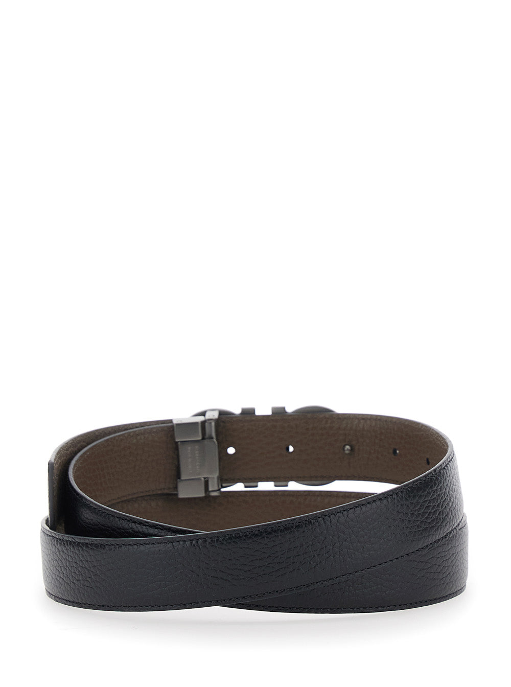 Reversible Belt With Gancini Buckle Grained Black Leather For Men Calf