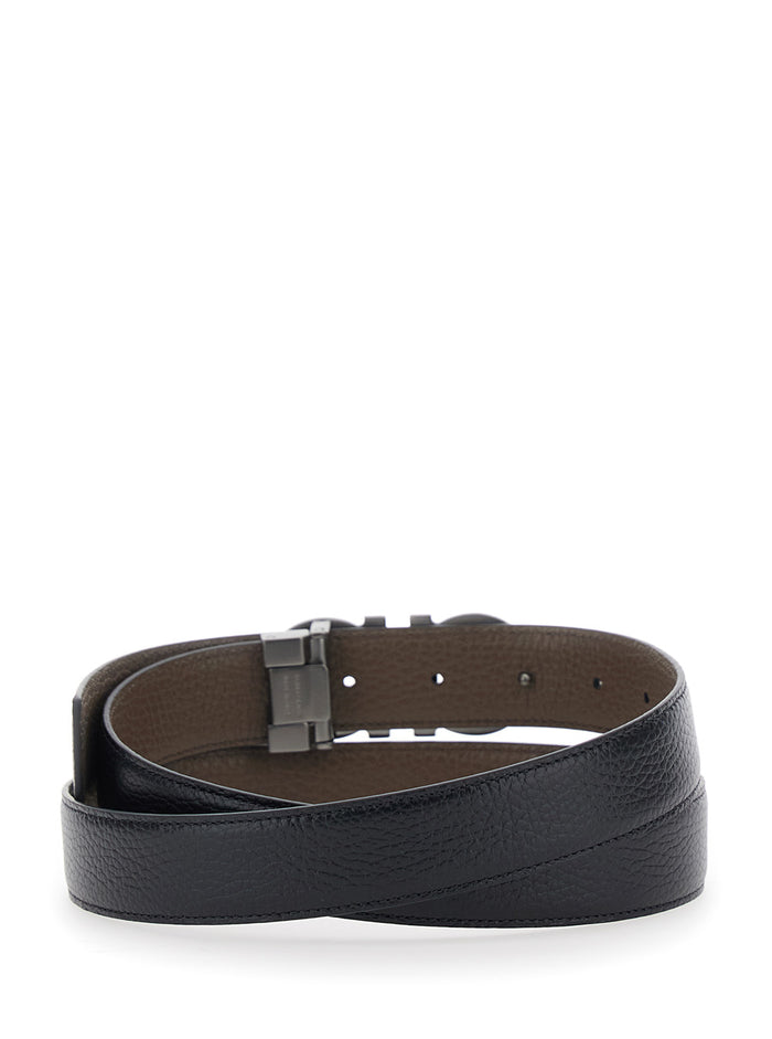 Reversible Belt With Gancini Buckle Grained Black Leather For Men Calf