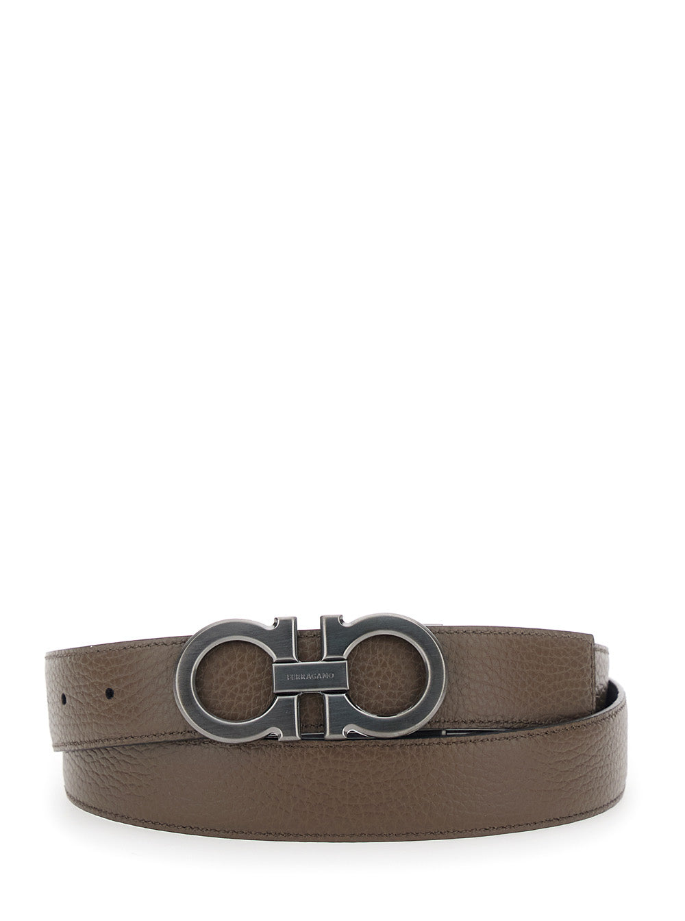 Reversible Belt With Gancini Buckle Grained Black Leather For Men Calf