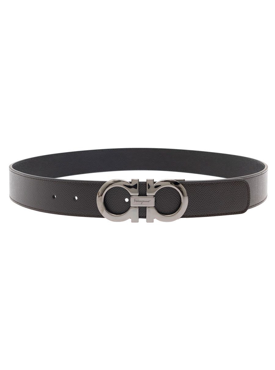 Belt With Gancini Buckle, Reversible Brown Leather Calf