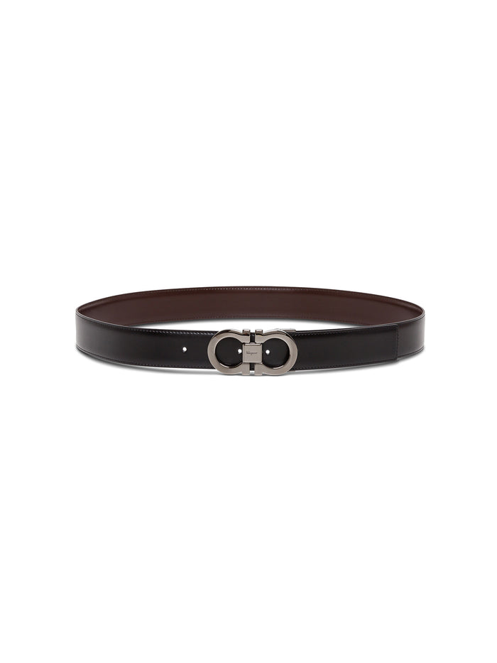 Reversible Belt With Gancini Buckle On The Front Black Leather For Men Brown Calf